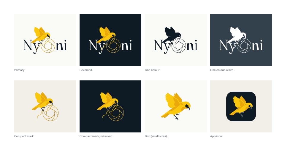 The Nyoni logo kit: primary, reversed, one-colour, compact mark, small bird and app icon versions